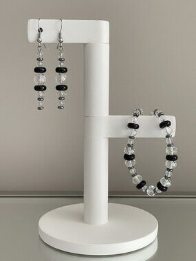 Crystal Bracelet and Pierced Earring set Black and Clear Beads